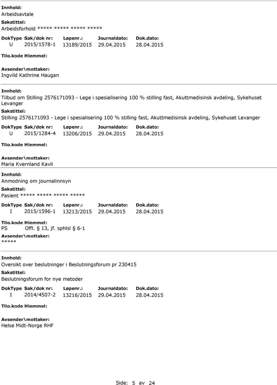 avdeling, Sykehuset Levanger 2015/1284-4 13206/2015 Maria Kvernland Kavli Anmodning om journalinnsyn Pasient ***** ***** ***** ***** 2015/1596-1
