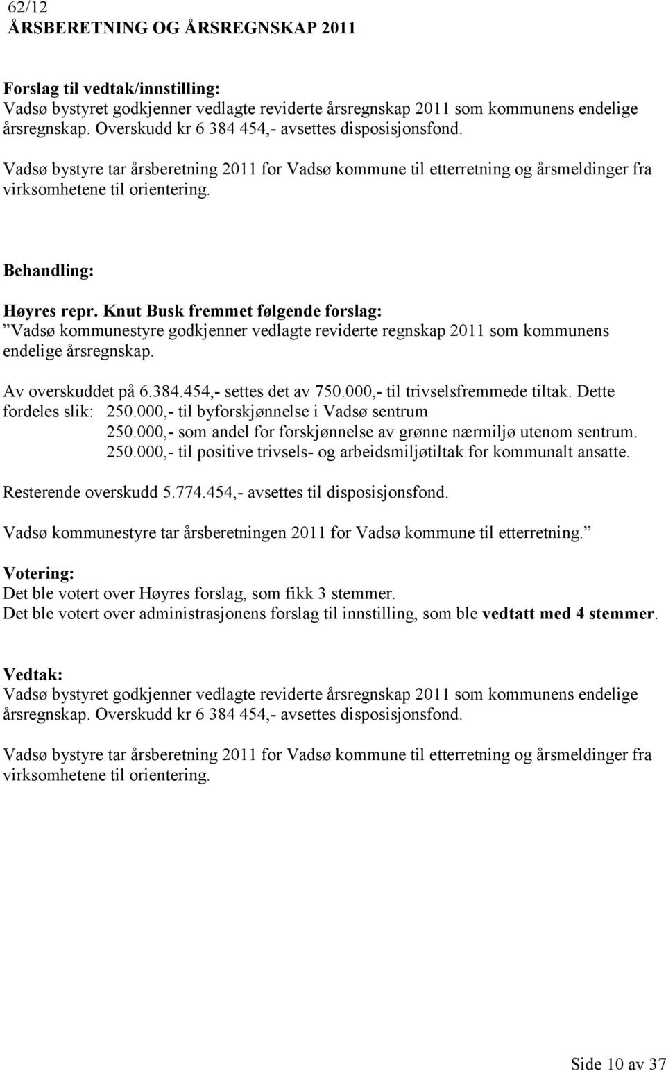 Knut Busk fremmet følgende forslag: Vadsø kommunestyre godkjenner vedlagte reviderte regnskap 2011 som kommunens endelige årsregnskap. Av overskuddet på 6.384.454,- settes det av 750.