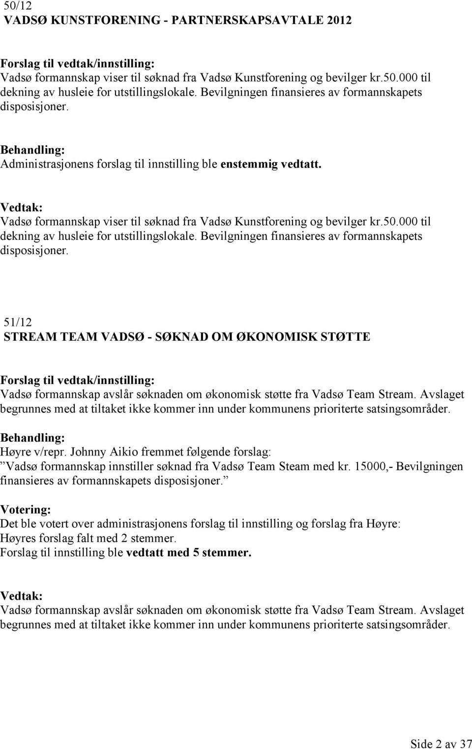 000 til dekning av husleie for utstillingslokale. Bevilgningen finansieres av formannskapets disposisjoner.