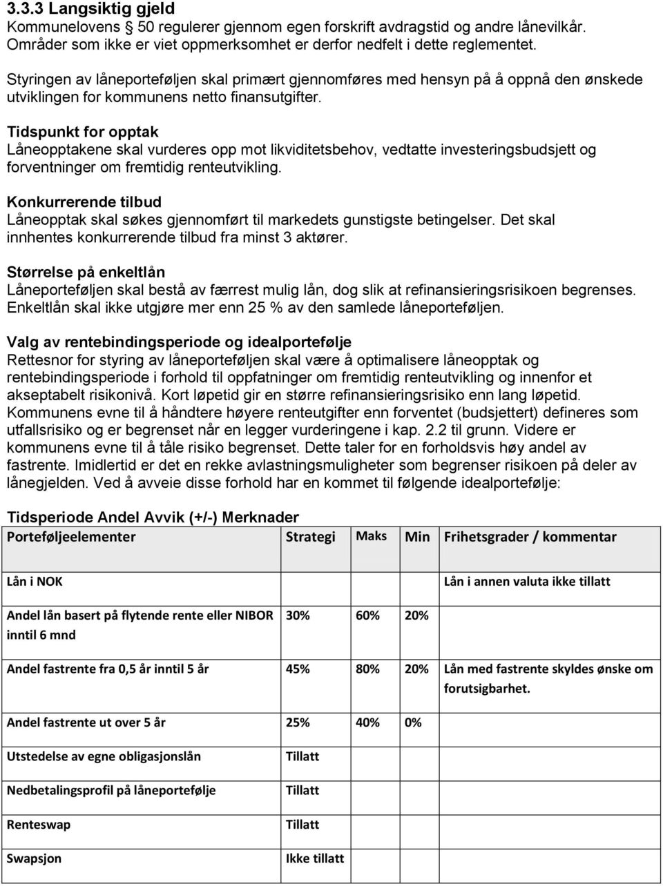 Tidspunkt for opptak Låneopptakene skal vurderes opp mot likviditetsbehov, vedtatte investeringsbudsjett og forventninger om fremtidig renteutvikling.