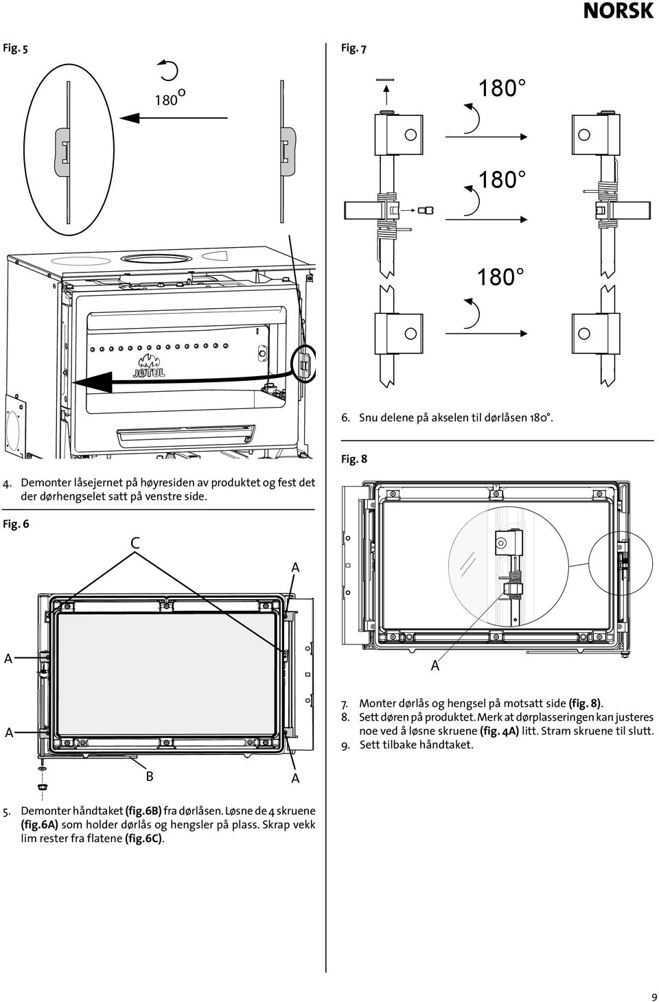 Monter dørlås og hengsel på motsatt side (fig. 8). 8. Sett døren på produktet.