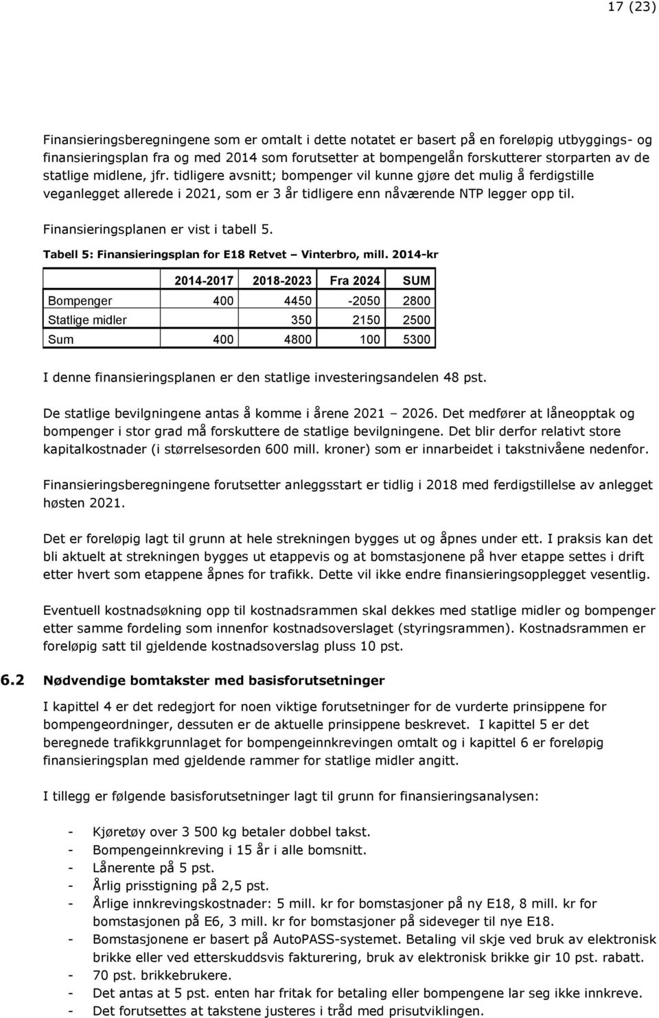 Finansieringsplanen er vist i tabell 5. Tabell 5: Finansieringsplan for E18 Retvet Vinterbro, mill.