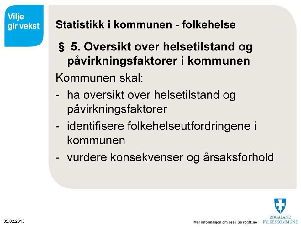 Kommunen skal: - ha oversikt over helsetilstand og