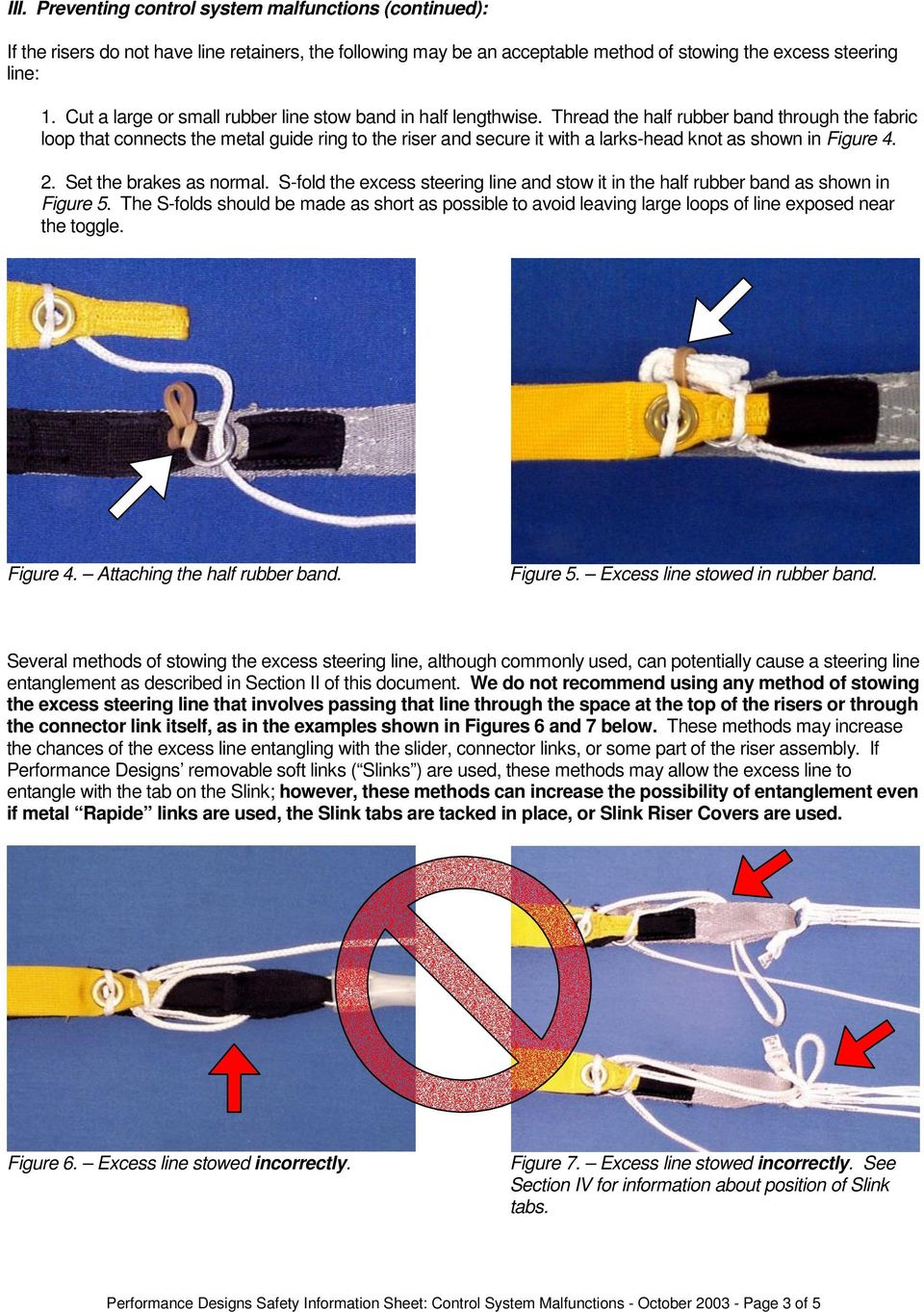 Thread the half rubber band through the fabric loop that connects the metal guide ring to the riser and secure it with a larks-head knot as shown in Figure 4. 2. Set the brakes as normal.