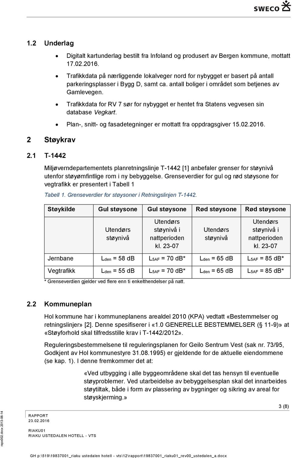 Trafikkdata for RV 7 sør for nybygget er hentet fra Statens vegvesen sin database Vegkart. 2 Støykrav 2.1 T-1442 Plan-, snitt- og fasadetegninger er mottatt fra oppdragsgiver 15.02.2016.