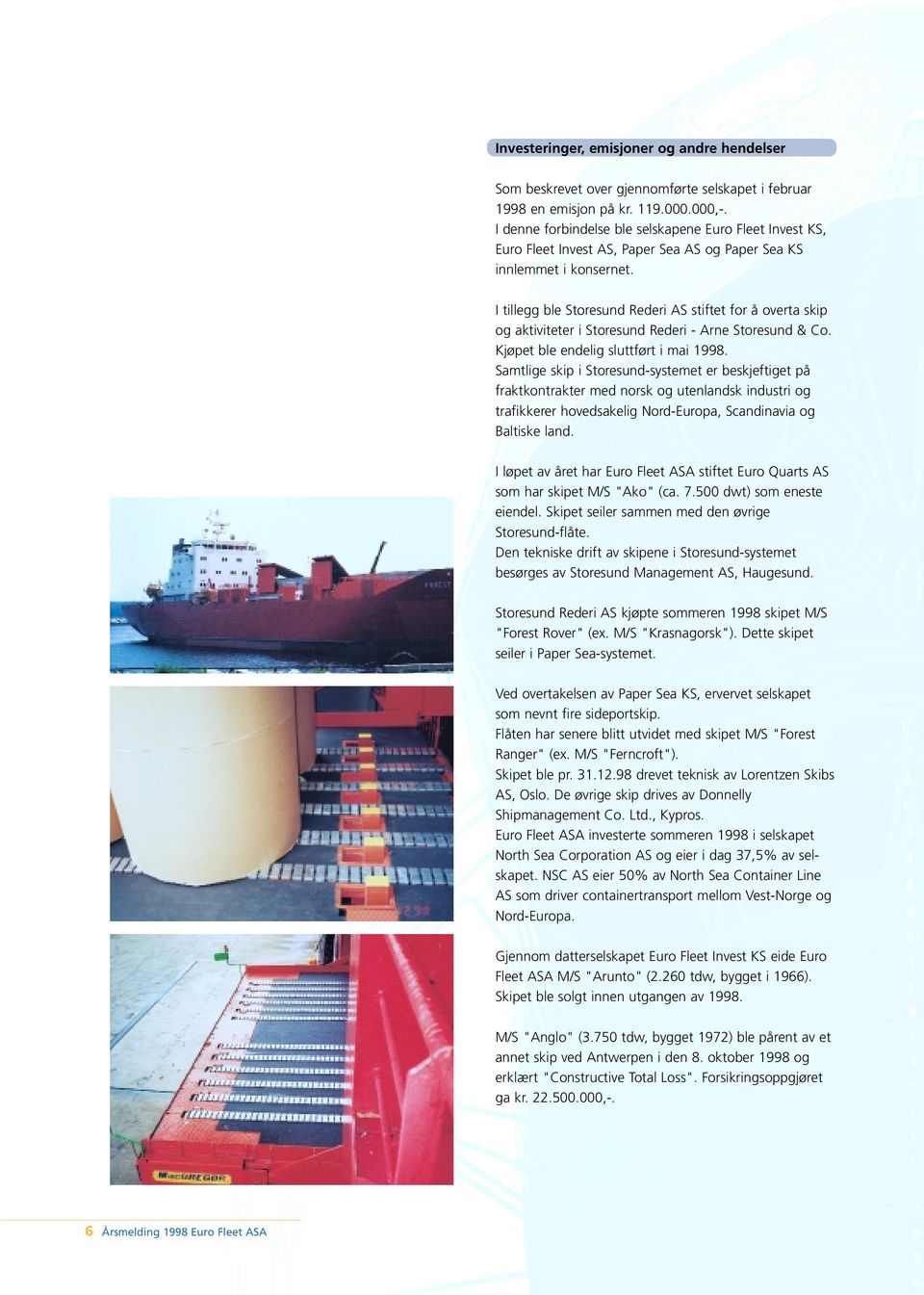 I tillegg ble Storesund ederi AS stiftet for å overta skip og aktiviteter i Storesund ederi - Arne Storesund & Co. Kjøpet ble endelig sluttført i mai 1998.