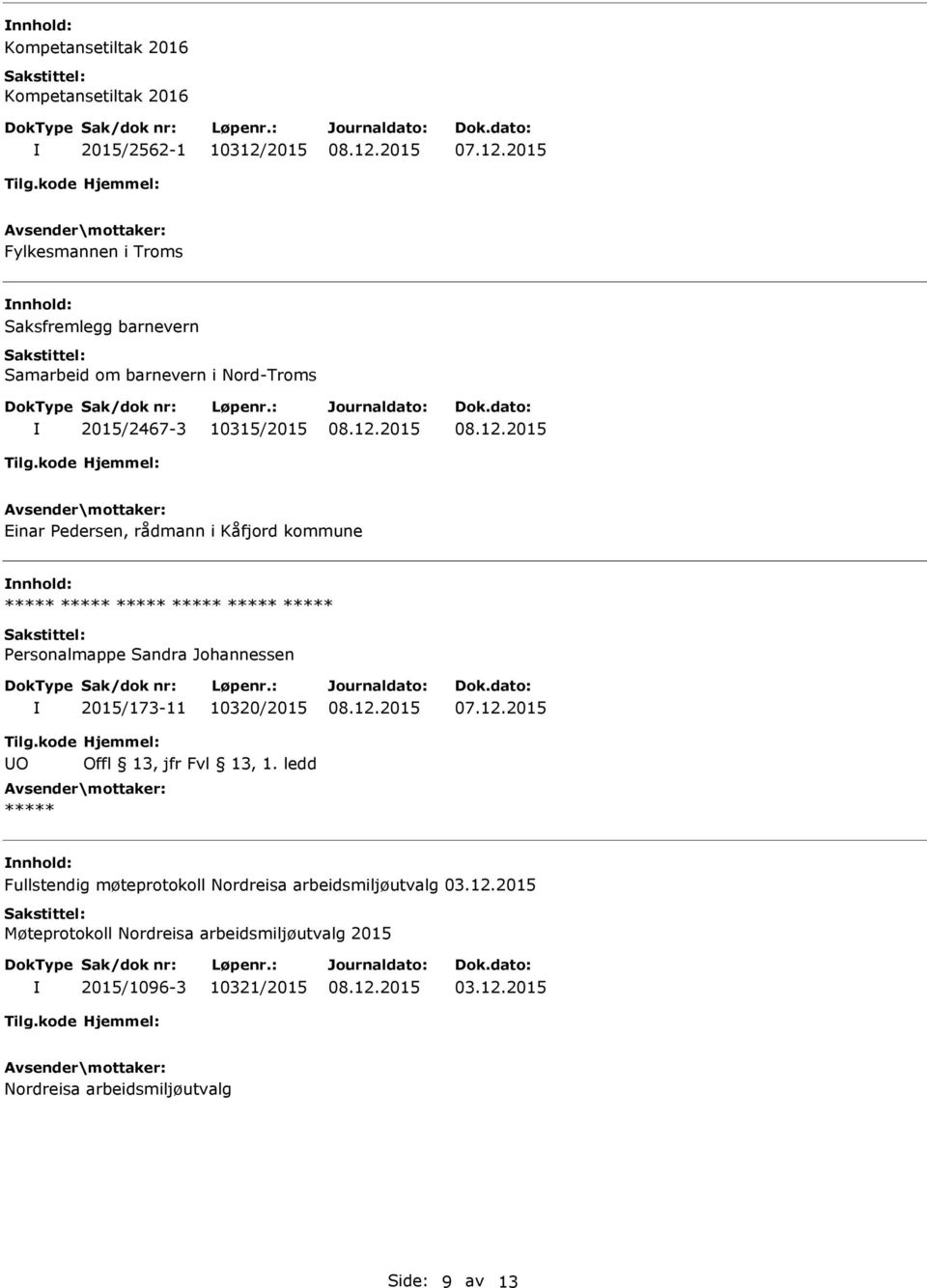 Personalmappe Sandra Johannessen 2015/173-11 10320/2015 O ***** Fullstendig møteprotokoll Nordreisa arbeidsmiljøutvalg 03.12.