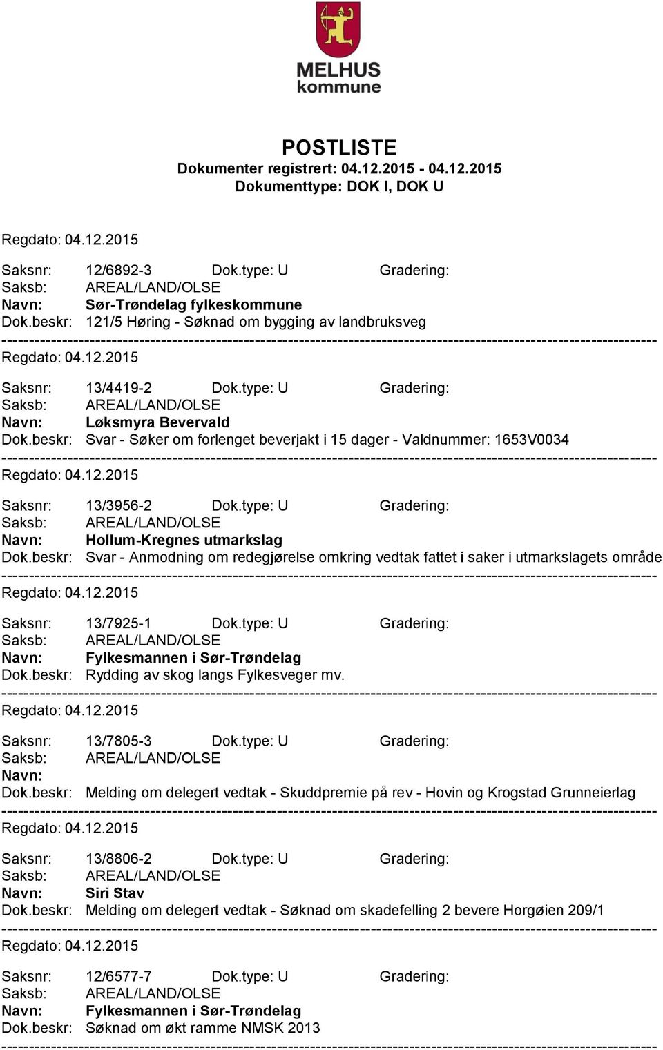 beskr: Svar - Anmodning om redegjørelse omkring vedtak fattet i saker i utmarkslagets område Saksnr: 13/7925-1 Dok.type: U Gradering: Fylkesmannen i Sør-Trøndelag Dok.