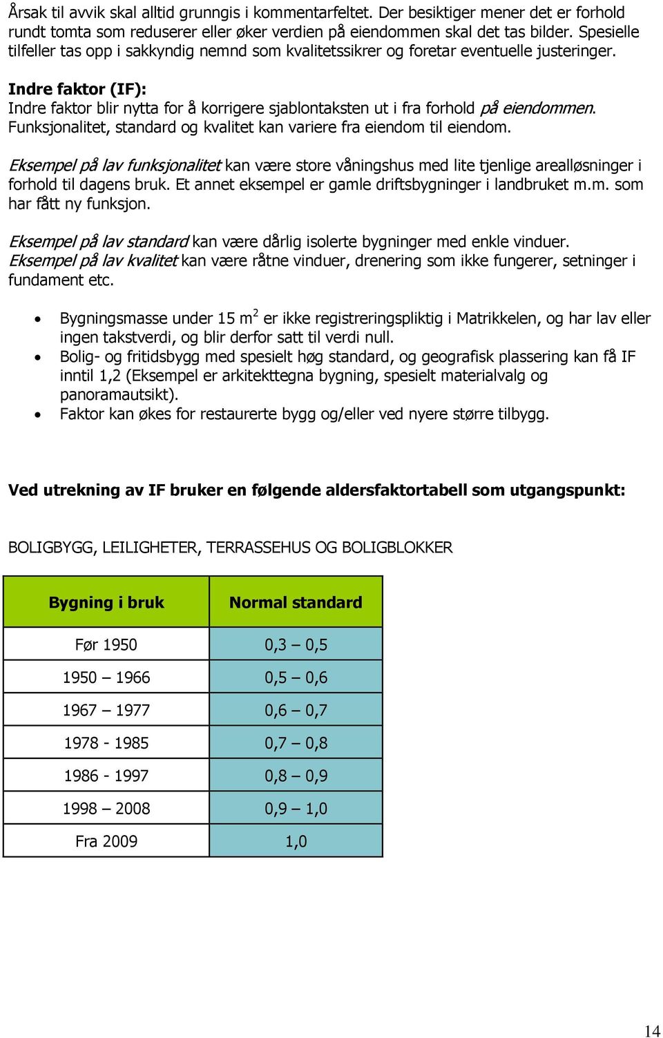 Indre faktor (IF): Indre faktor blir nytta for å korrigere sjablontaksten ut i fra forhold på eiendommen. Funksjonalitet, standard og kvalitet kan variere fra eiendom til eiendom.