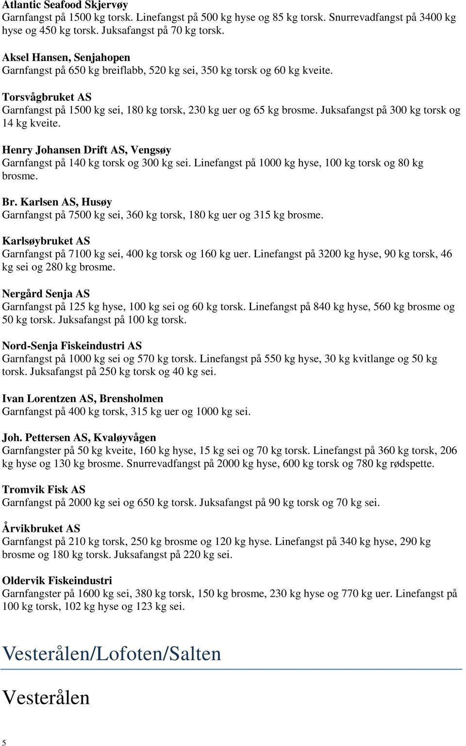 Juksafangst på 300 kg torsk og 14 kg kveite. Henry Johansen Drift AS, Vengsøy Garnfangst på 140 kg torsk og 300 kg sei. Linefangst på 1000 kg hyse, 100 kg torsk og 80 kg brosme. Br.