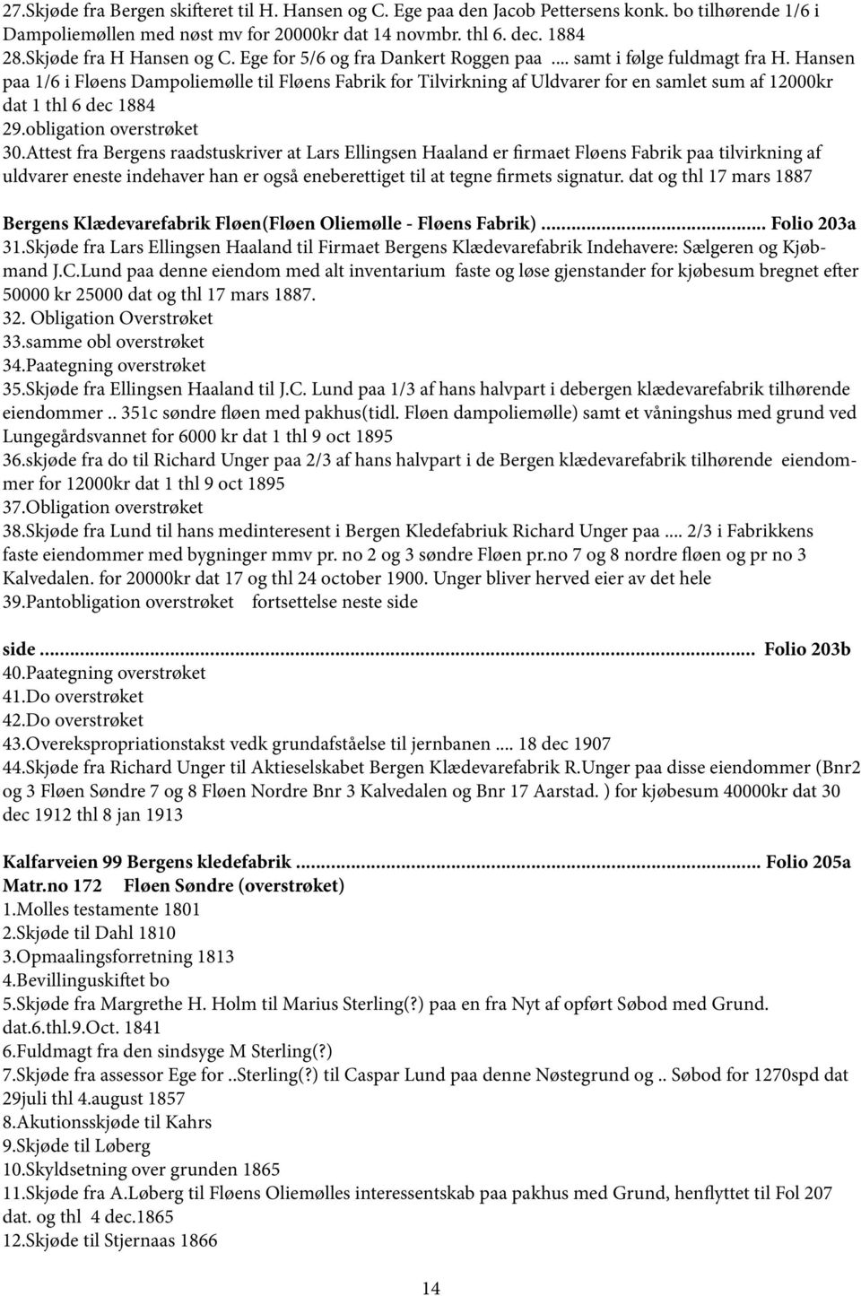 Hansen paa 1/6 i Fløens Dampoliemølle til Fløens Fabrik for Tilvirkning af Uldvarer for en samlet sum af 12000kr dat 1 thl 6 dec 1884 29.obligation overstrøket 30.