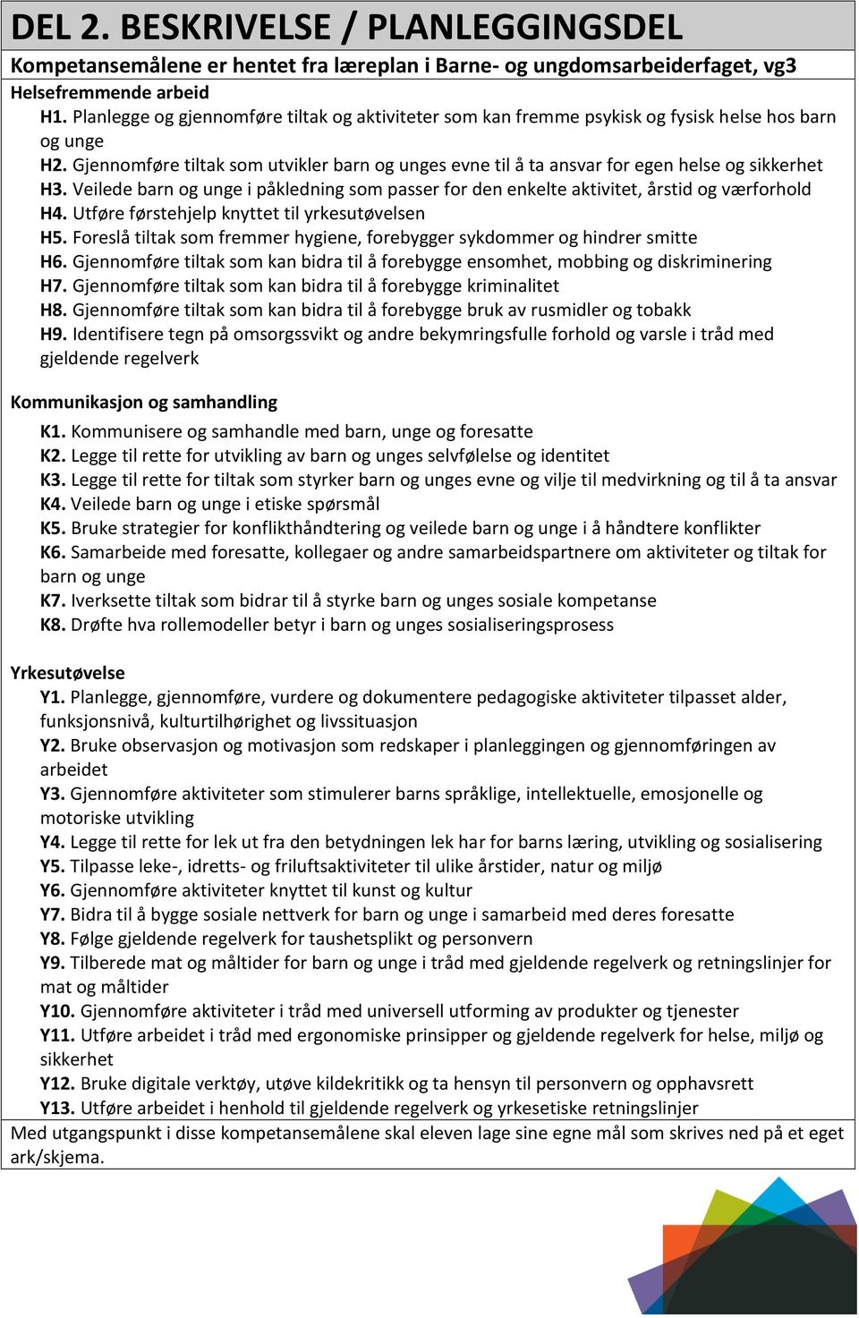 Gjennomføre tiltak som utvikler barn og unges evne til å ta ansvar for egen helse og sikkerhet H3. Veilede barn og unge i påkledning som passer for den enkelte aktivitet, årstid og værforhold H4.