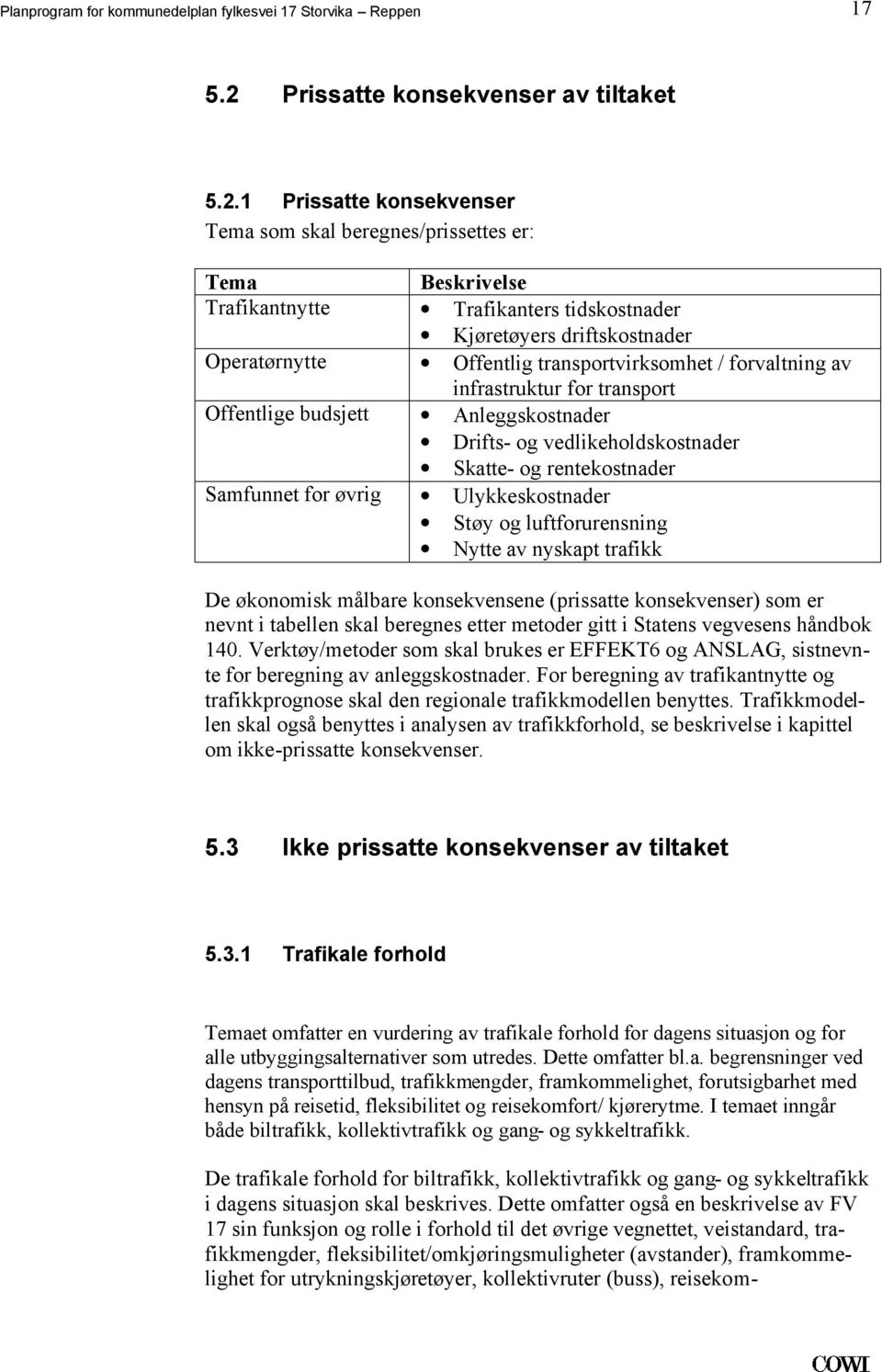 Drifts- og vedlikeholdskostnader Skatte- og rentekostnader Ulykkeskostnader Støy og luftforurensning Nytte av nyskapt trafikk De økonomisk målbare konsekvensene (prissatte konsekvenser) som er nevnt