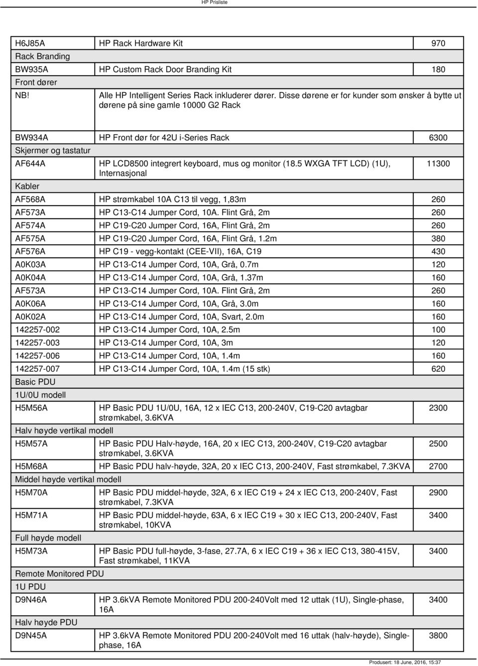 mus og monitor (18.5 WXGA TFT LCD) (1U), Internasjonal AF568A HP strømkabel 10A C13 til vegg, 1,83m 260 AF573A HP C13-C14 Jumper Cord, 10A.