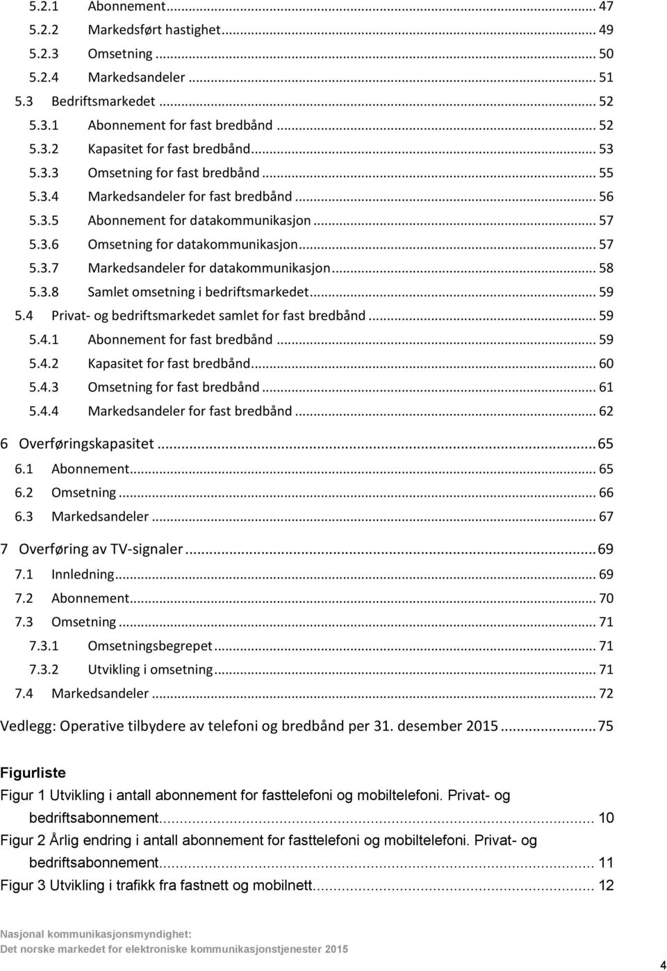 .. 58 5.3.8 Samlet omsetning i bedriftsmarkedet... 59 5.4 Privat- og bedriftsmarkedet samlet for fast bredbånd... 59 5.4.1 Abonnement for fast bredbånd... 59 5.4.2 Kapasitet for fast bredbånd... 60 5.