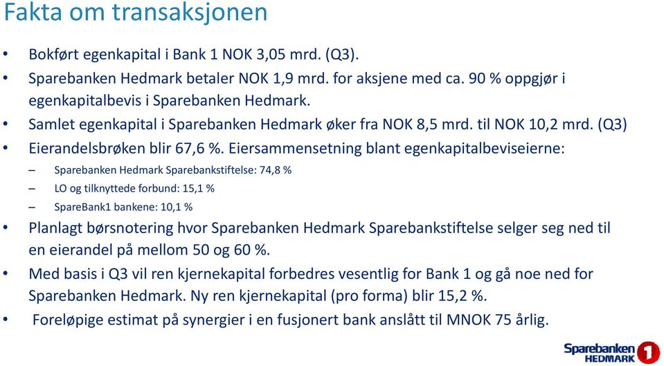 Eiersammensetning blant egenkapitalbeviseierne: Sparebanken Hedmark Sparebankstiftelse: 74,8 % LO og tilknyttede forbund: 15,1 % SpareBank1 bankene: 10,1 % Planlagt børsnotering hvor Sparebanken