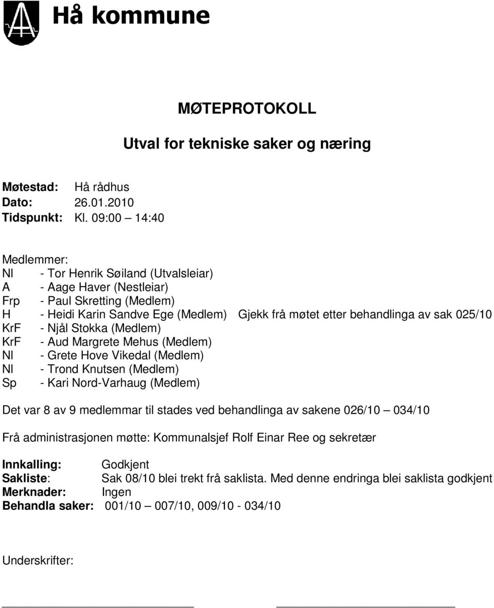 025/10 KrF - Njål Stokka (Medlem) KrF - Aud Margrete Mehus (Medlem) Nl - Grete Hove Vikedal (Medlem) Nl - Trond Knutsen (Medlem) Sp - Kari Nord-Varhaug (Medlem) Det var 8 av 9 medlemmar til stades