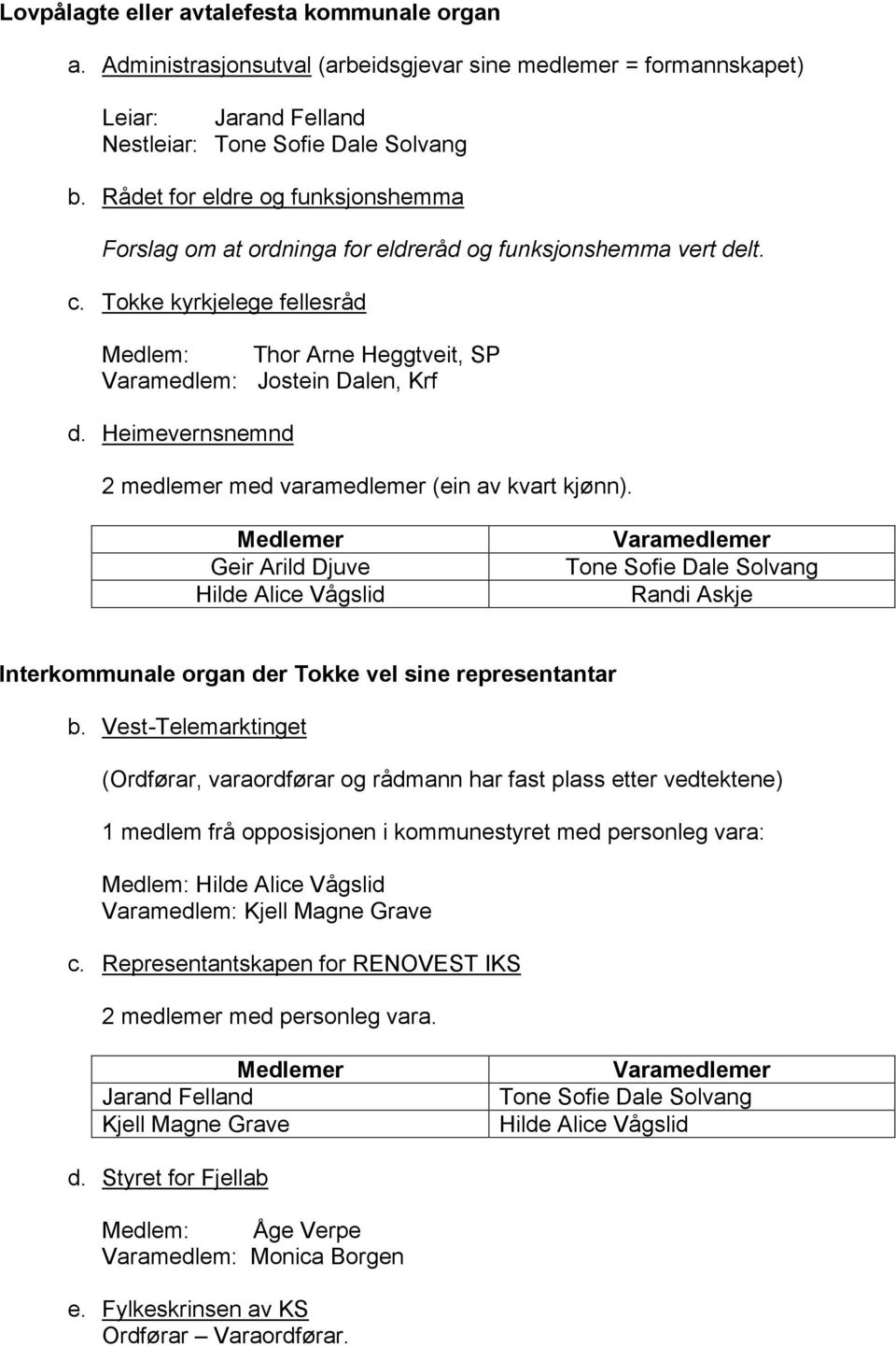 Heimevernsnemnd 2 medlemer med varamedlemer (ein av kvart kjønn). Geir Arild Djuve Hilde Alice Vågslid Tone Sofie Dale Solvang Randi Askje Interkommunale organ der Tokke vel sine representantar b.