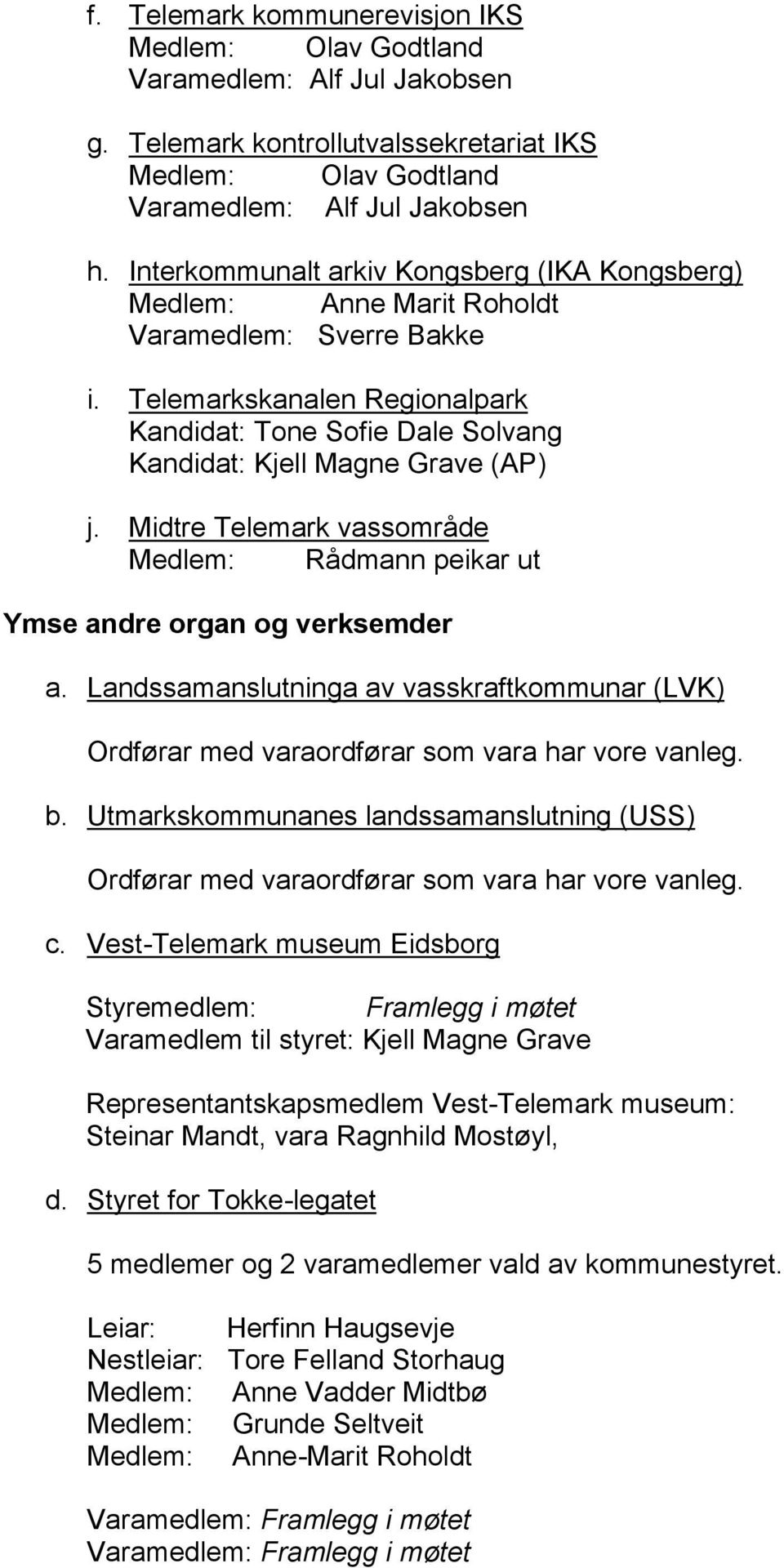 Telemarkskanalen Regionalpark Kandidat: Tone Sofie Dale Solvang Kandidat: Kjell Magne Grave (AP) j. Midtre Telemark vassområde Medlem: Rådmann peikar ut Ymse andre organ og verksemder a.