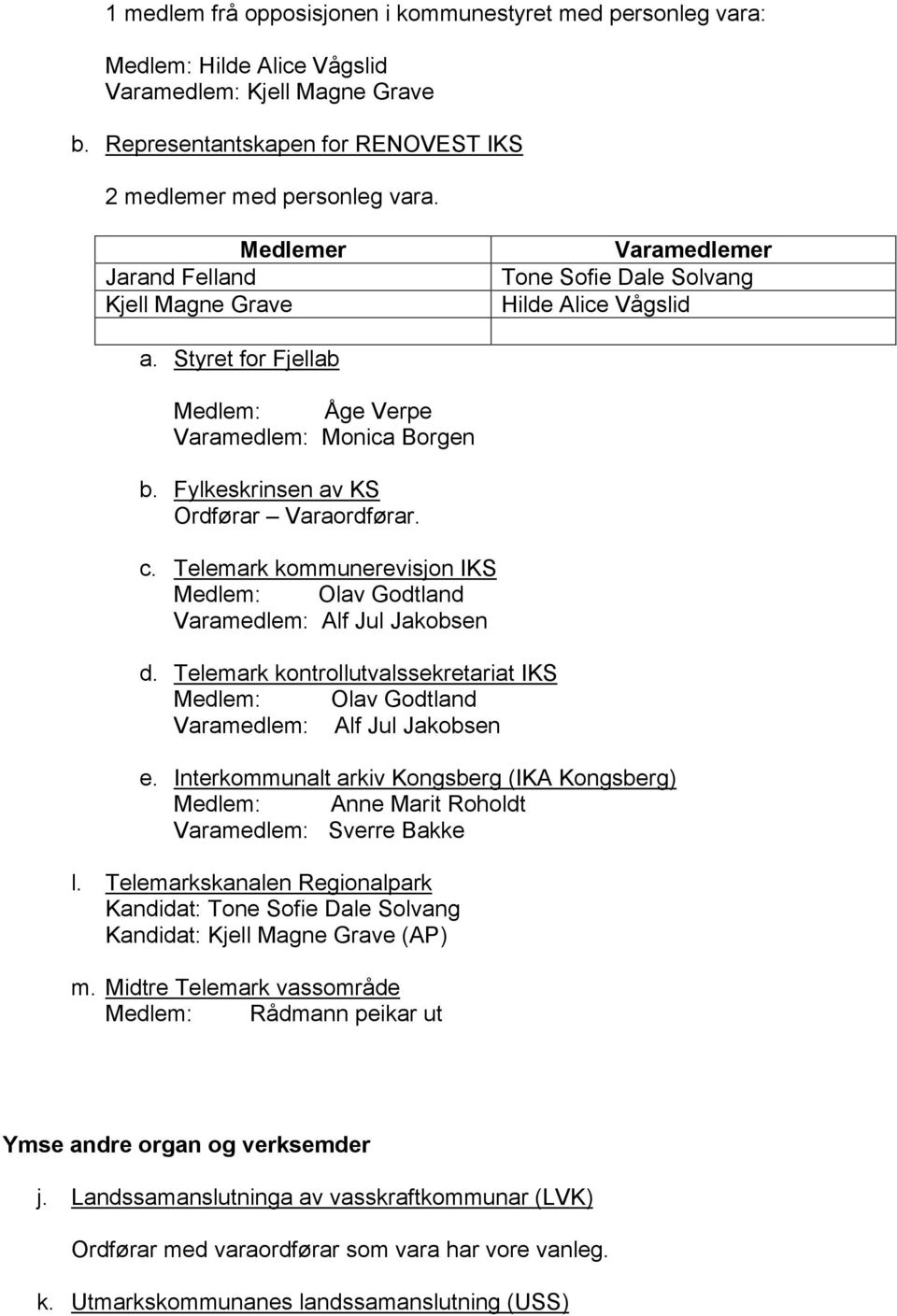 Telemark kommunerevisjon IKS Medlem: Olav Godtland Varamedlem: Alf Jul Jakobsen d. Telemark kontrollutvalssekretariat IKS Medlem: Olav Godtland Varamedlem: Alf Jul Jakobsen e.