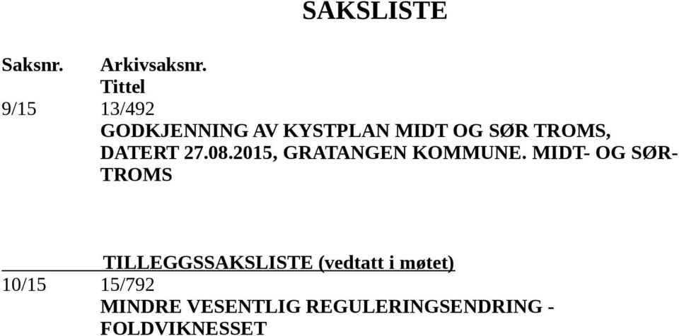 DATERT 27.08.2015, GRATANGEN KOMMUNE.