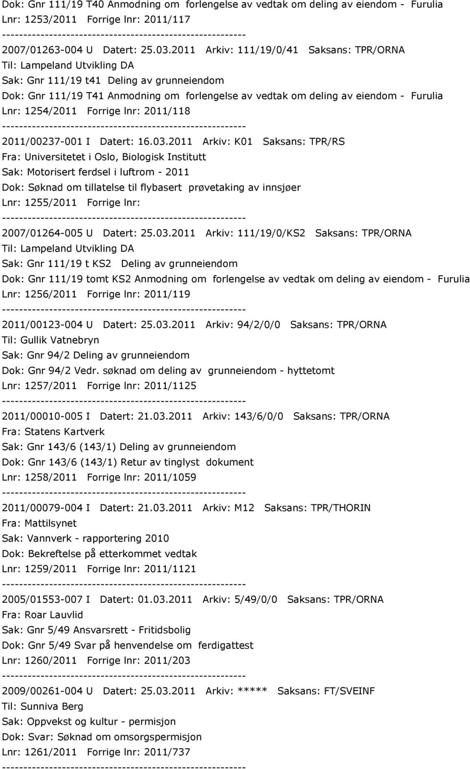 Lnr: 1254/2011 Forrige lnr: 2011/118 2011/00237-001 I Datert: 16.03.