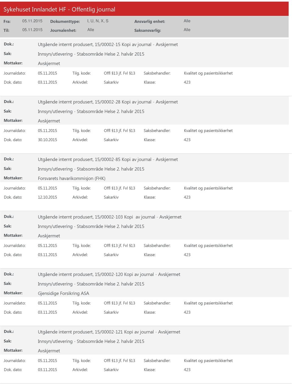 2015 Arkivdel: Sakarkiv tgående internt produsert, 15/00002-85 Kopi av journal - Innsyn/utlevering - Stabsområde Helse 2. halvår 2015 Forsvarets havarikommisjon (FHK) Kvalitet og pasientsikkerhet Dok.