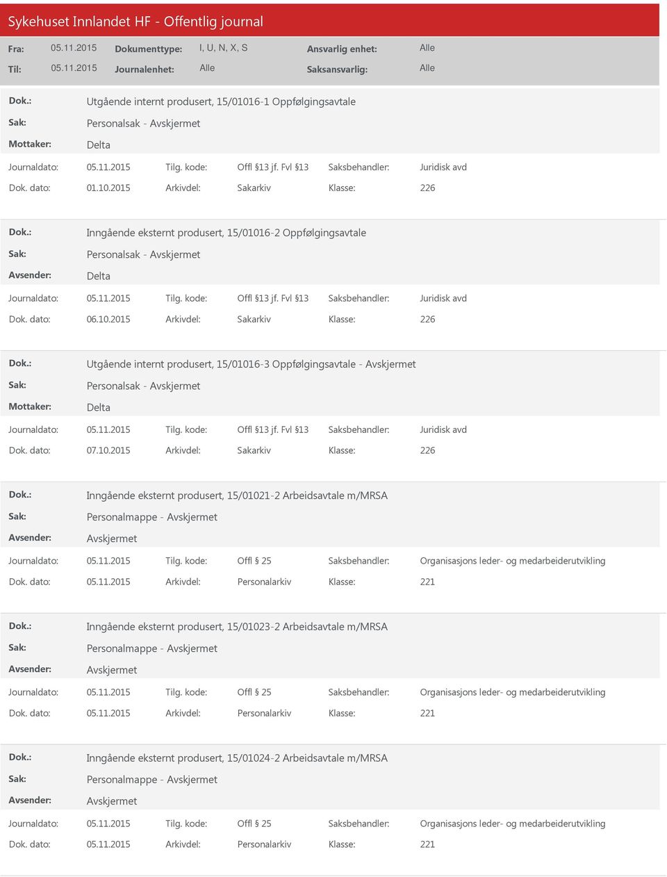 dato: Arkivdel: Personalarkiv Inngående eksternt produsert, 15/01023-2 Arbeidsavtale m/mrsa Personalmappe - Organisasjons leder- og medarbeiderutvikling Dok.