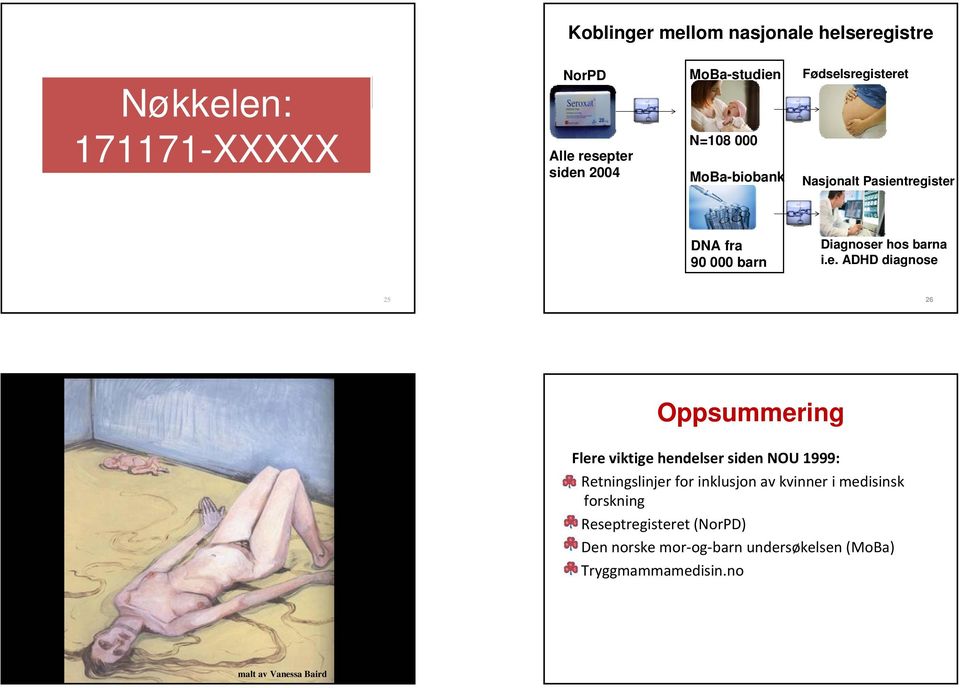 sregisteret Nasjonalt Pasientregister DNA fra 90 000 barn Diagnoser hos barna i.e. ADHD diagnose 25 26 Oppsummering