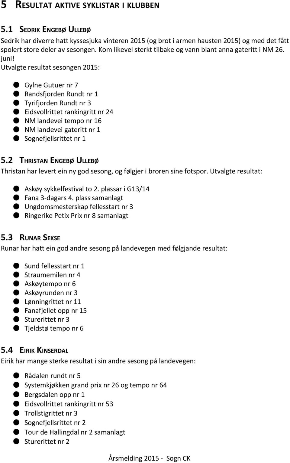 Utvalgte resultat sesongen 2015: Gylne Gutuer nr 7 Randsfjorden Rundt nr 1 Tyrifjorden Rundt nr 3 Eidsvollrittet rankingritt nr 24 NM landevei tempo nr 16 NM landevei gateritt nr 1 Sognefjellsrittet