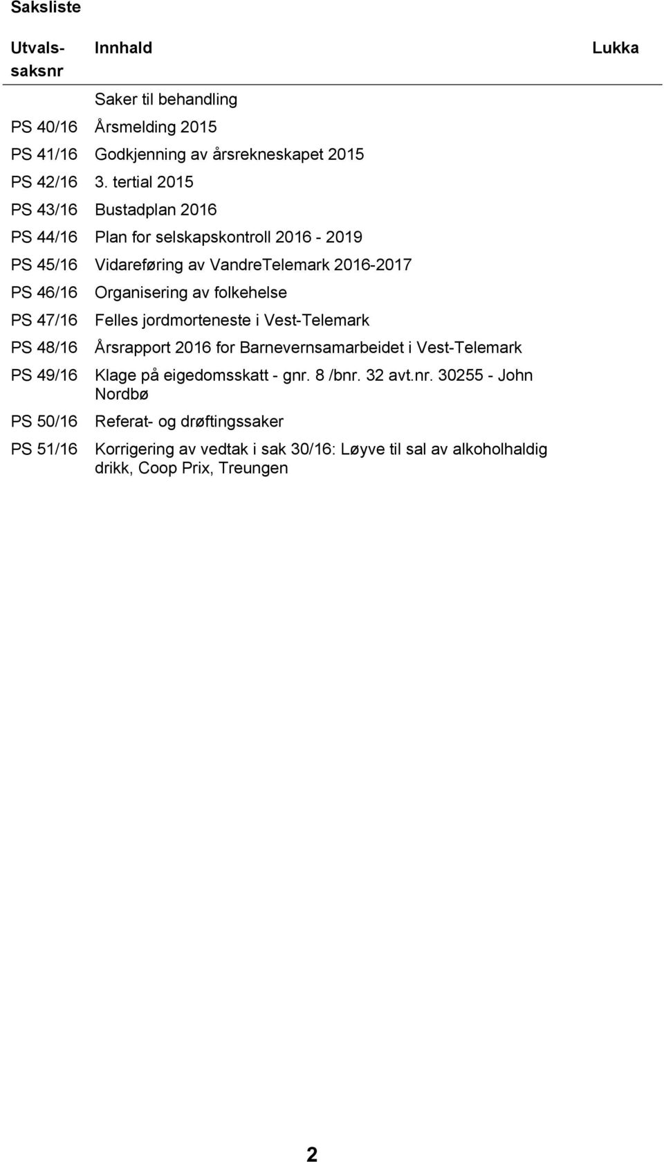PS 49/16 PS 50/16 PS 51/16 Organisering av folkehelse Felles jordmorteneste i Vest-Telemark Årsrapport 2016 for Barnevernsamarbeidet i Vest-Telemark Klage på