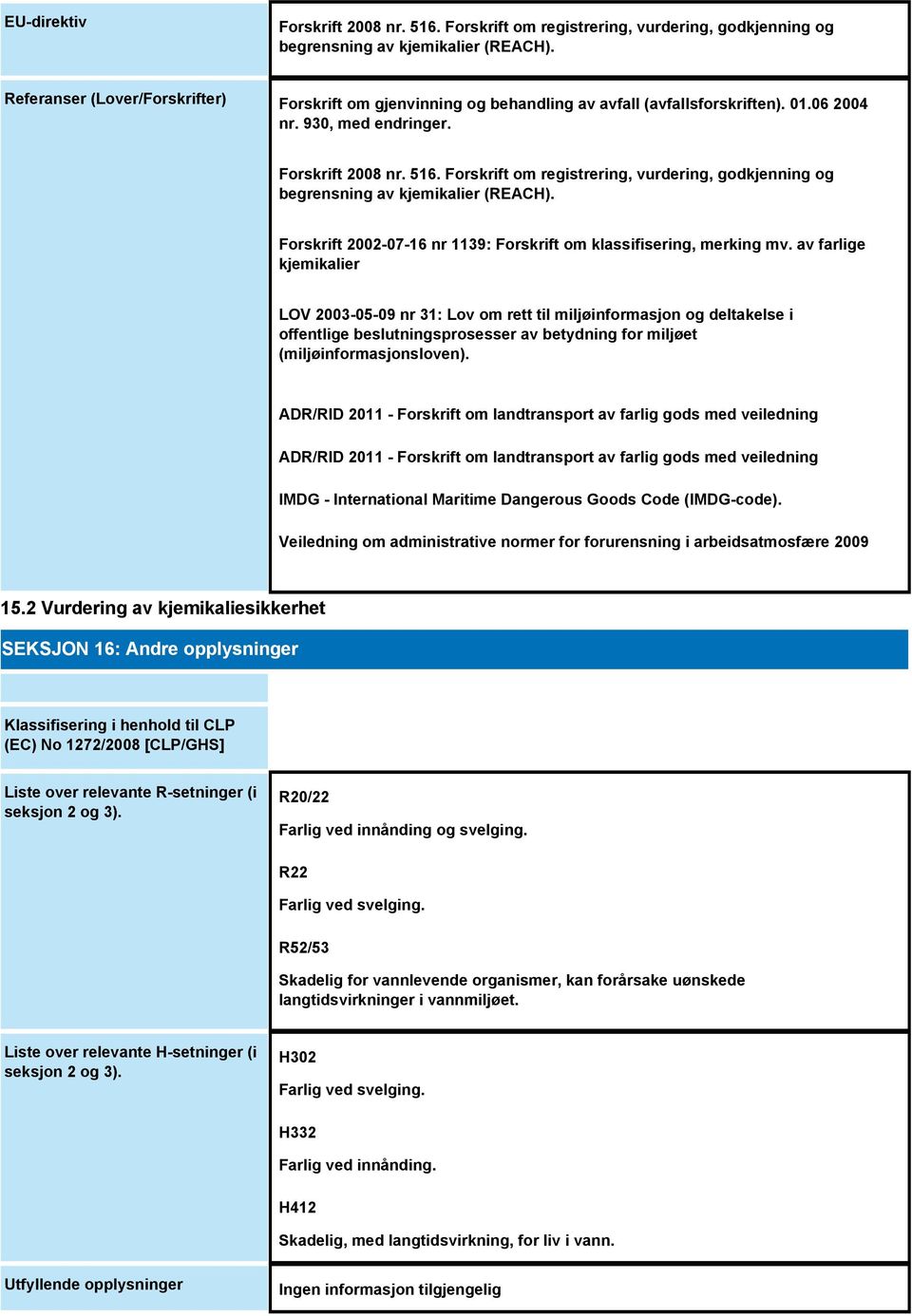 Forskrift om registrering, vurdering, godkjenning og begrensning av kjemikalier (REACH). Forskrift 2002-07-16 nr 1139: Forskrift om klassifisering, merking mv.