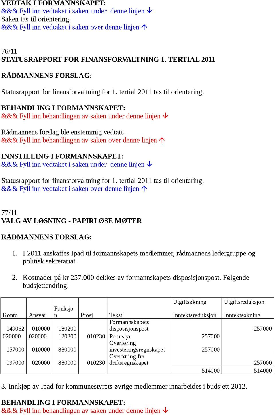 I 2011 anskaffes Ipad til formannskapets medlemmer, rådmannens ledergruppe og politisk sekretariat. 2. Kostnader på kr 257.000 dekkes av formannskapets disposisjonspost.