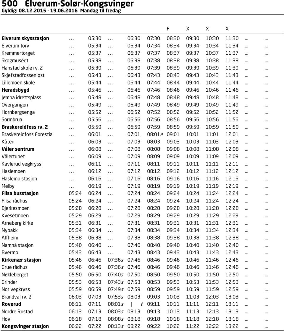 .. 05:39... 06:39 07:39 08:39 09:39 10:39 11:39...... Skjefstadfossen øst... 05:43... 06:43 07:43 08:43 09:43 10:43 11:43...... Lillemoen skole... 05:44... 06:44 07:44 08:44 09:44 10:44 11:44.