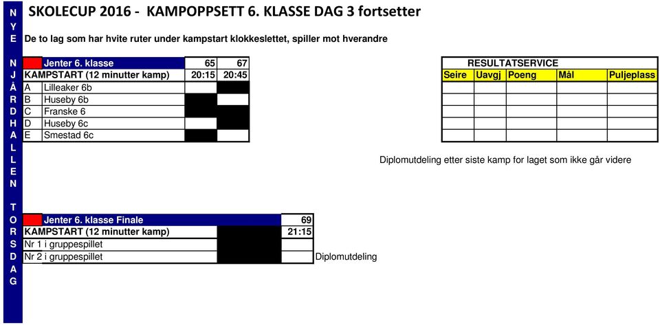 klasse 65 67 RSUTTSRVIC J KMPSTRT (12 minutter kamp) 20:15 20:45 Seire Uavgj Poeng Mål Puljeplass Å illeaker 6b R B Huseby