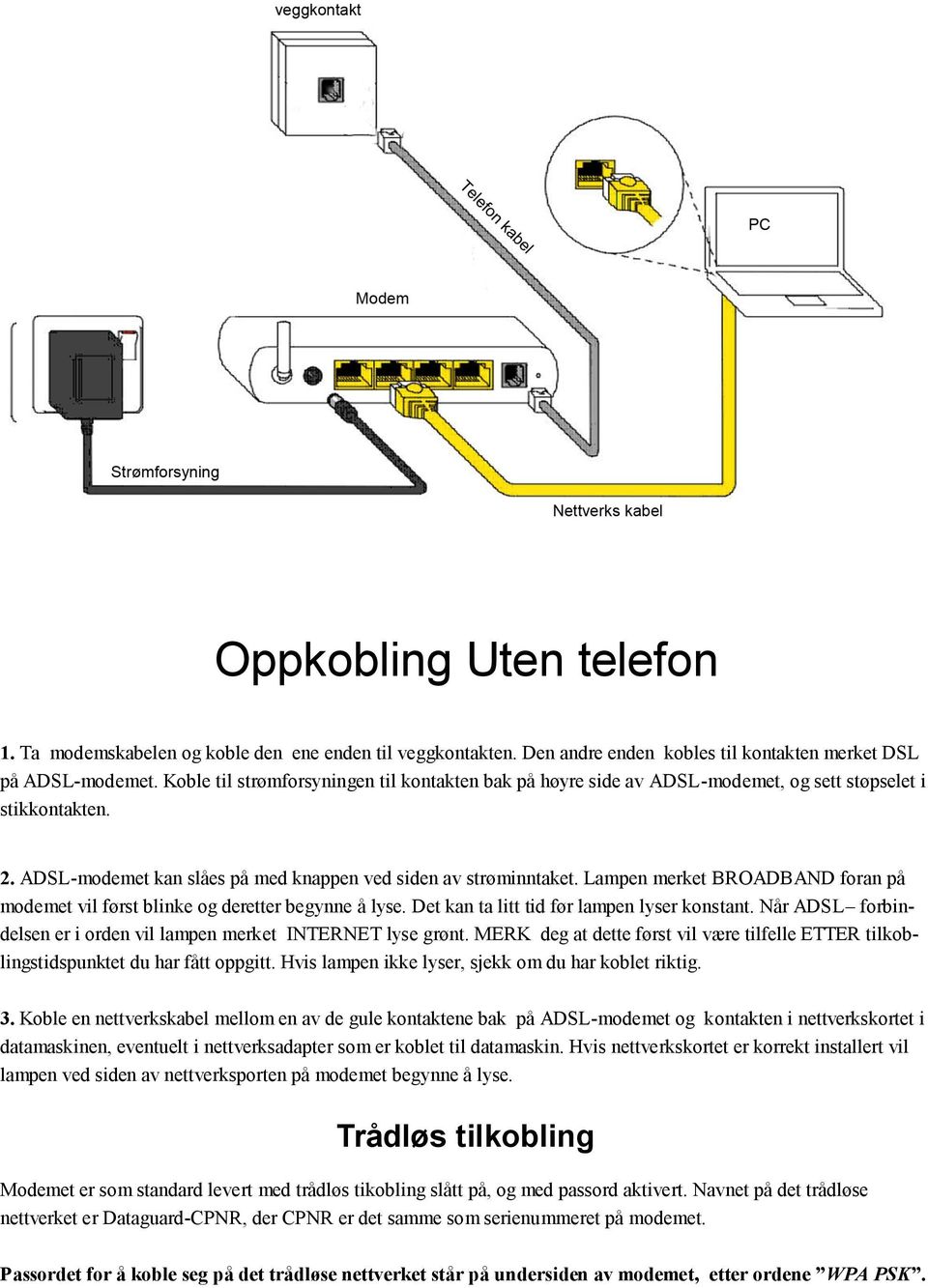 Lampen merket BROADBAND foran på modemet vil først blinke og deretter begynne å lyse. Det kan ta litt tid før lampen lyser konstant.