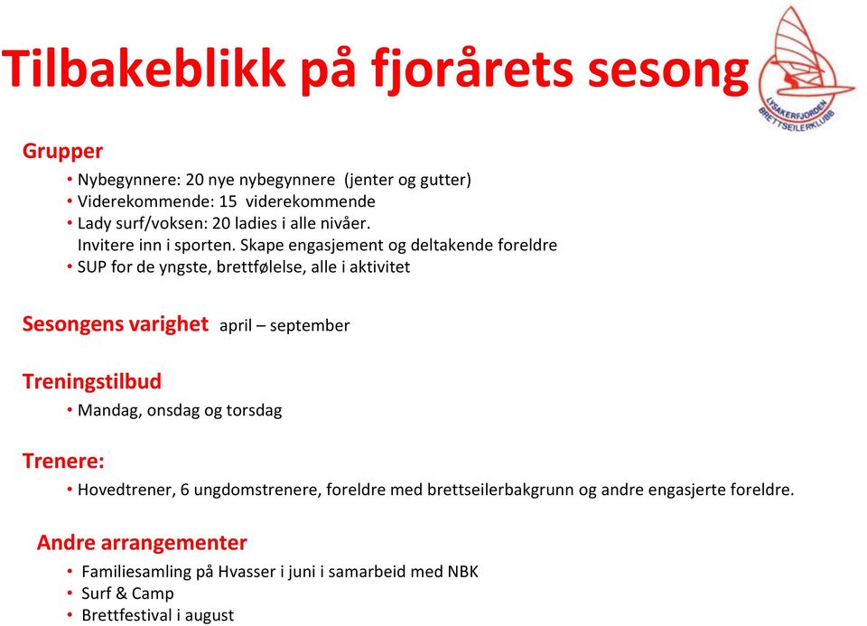 Skape engasjement og deltakende foreldre SUP for de yngste, brettfølelse, alle i aktivitet Sesongens varighet april september Treningstilbud