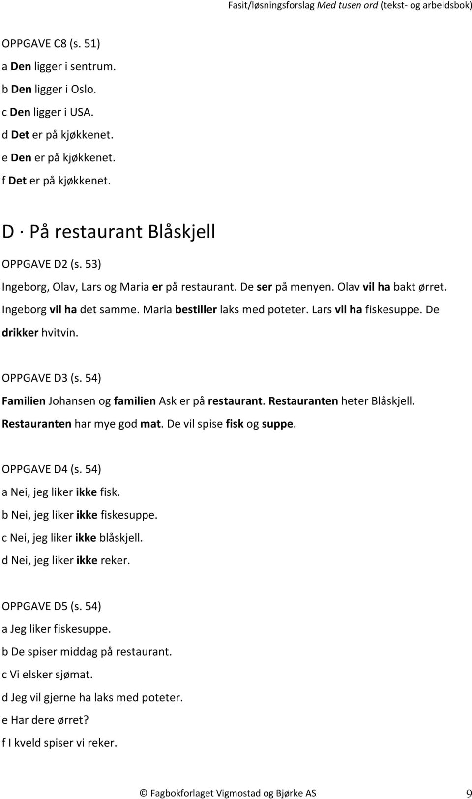OPPGAVE D3 (s. 54) Familien Johansen og familien Ask er på restaurant. Restauranten heter Blåskjell. Restauranten har mye god mat. De vil spise fisk og suppe. OPPGAVE D4 (s.