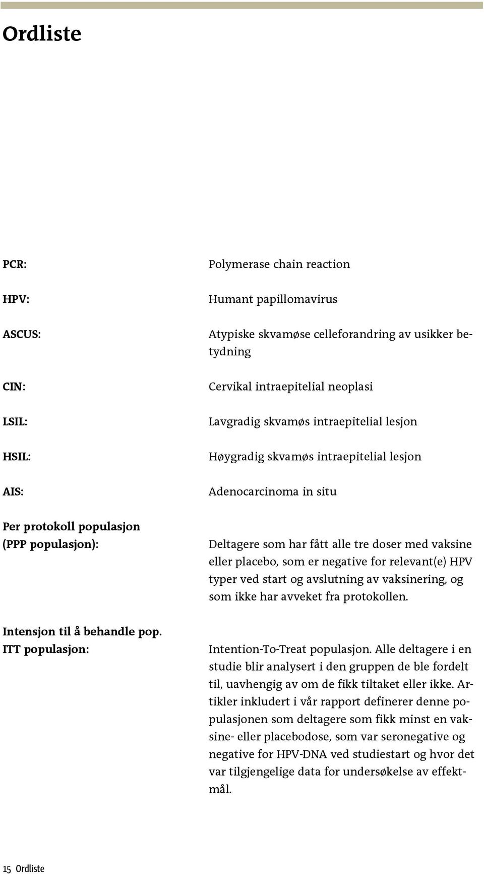 placebo, som er negative for relevant(e) HPV typer ved start og avslutning av vaksinering, og som ikke har avveket fra protokollen. Intensjon til å behandle pop.