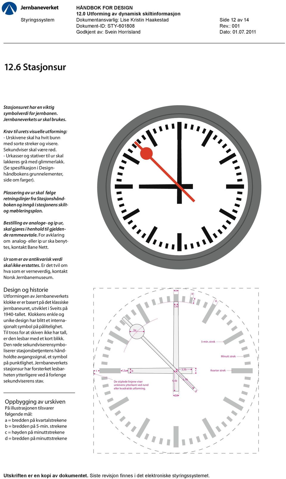 (Se spesifikasjon i Designhåndbokens grunnelementer, side om farger). Plassering av ur skal følge retningslinjer fra Stasjonshåndboken og inngå i stasjonens skiltog møbleringsplan.