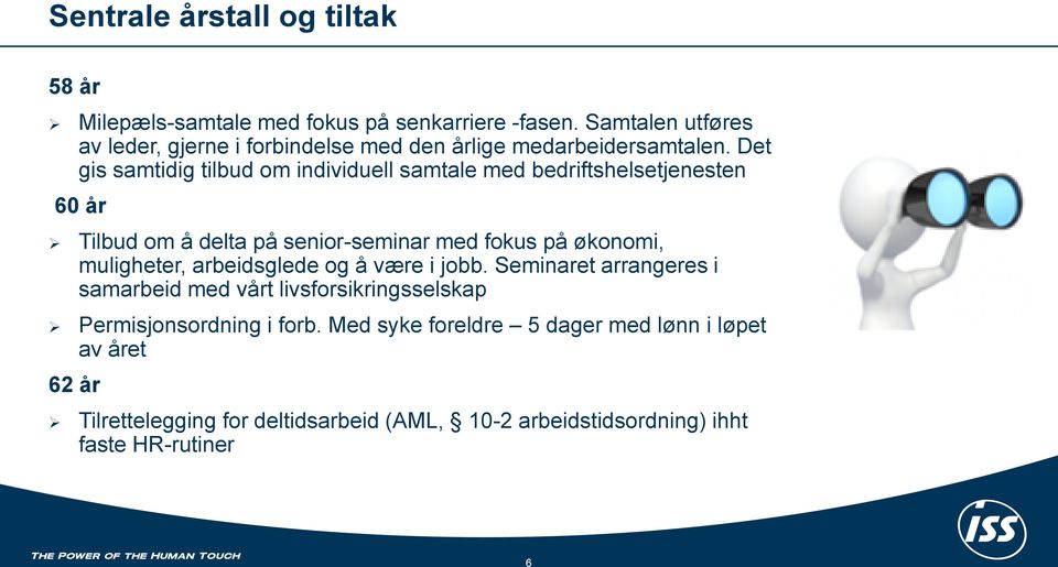 Det gis samtidig tilbud om individuell samtale med bedriftshelsetjenesten 60 år Tilbud om å delta på senior-seminar med fokus på økonomi,