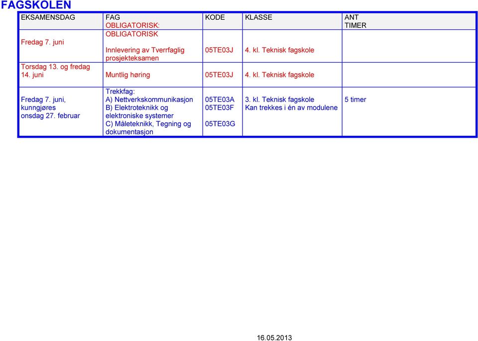 Teknisk fagskole Fredag 7., kunngjøres onsdag 27.