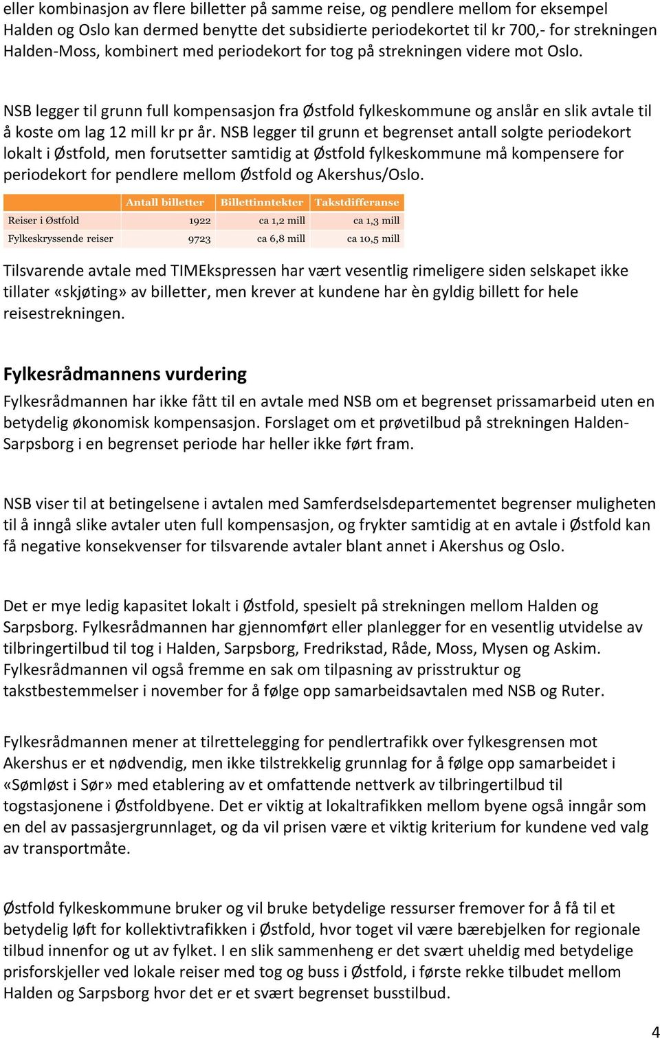 NSB legger til grunn et begrenset antall solgte periodekort lokalt i Østfold, men forutsetter samtidig at Østfold fylkeskommune må kompensere for periodekort for pendlere mellom Østfold og