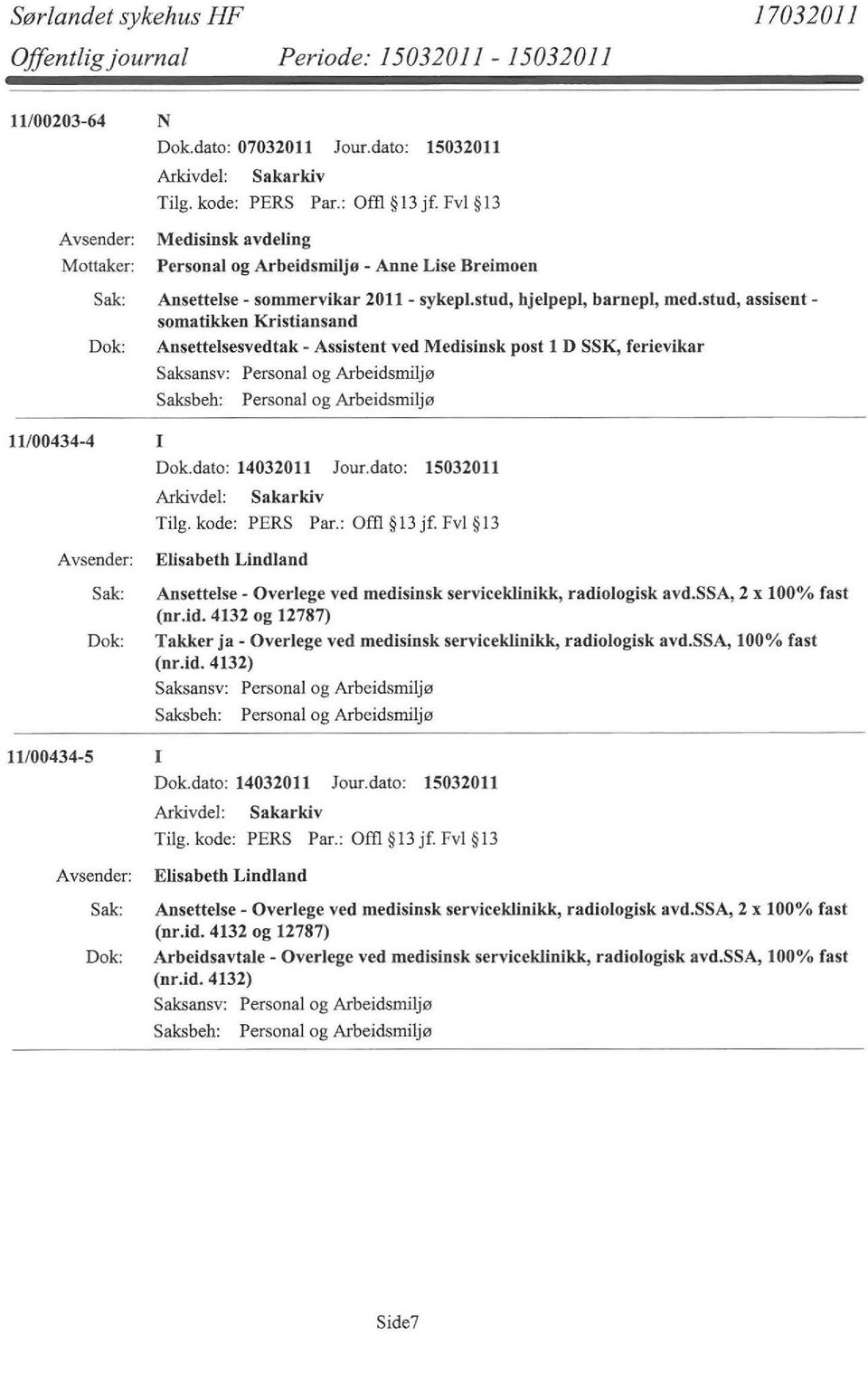 stud, assisentsomatikken Kristiansand Ansettelsesvedtak - Assistent ved Medisinsk post l D SSK, ferievikar 11/00434-4 I Dok.dato: 14032011 Jour.dato: 15032011 Tilg. kode: PERS Par.: Offl 13 jf.