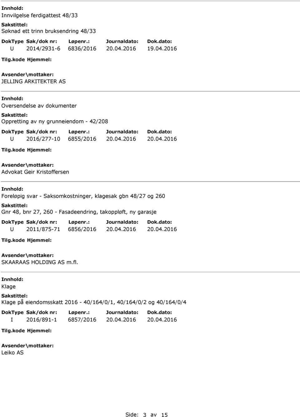 Saksomkostninger, klagesak gbn 48/27 og 260 Gnr 48, bnr 27, 260 - Fasadeendring, takoppløft, ny garasje 2011/875-71 6856/2016