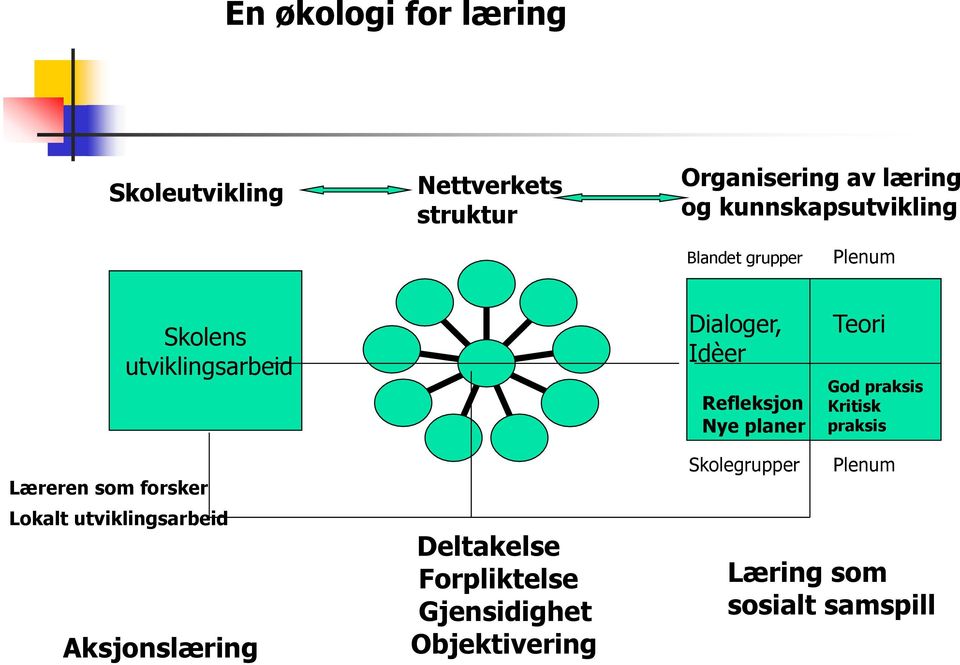 Nye planer Teori God praksis Kritisk praksis Læreren som forsker Lokalt utviklingsarbeid