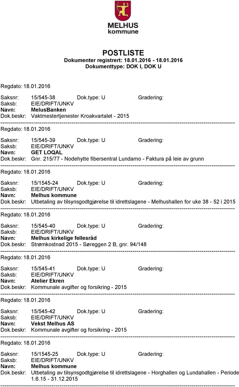 beskr: Utbetaling av tilsynsgodtgjørelse til idrettslagene - Melhushallen for uke 38-52 i 2015 Saksnr: 15/545-40 Dok.type: U Gradering: Navn: Melhus kirkelige fellesråd Dok.