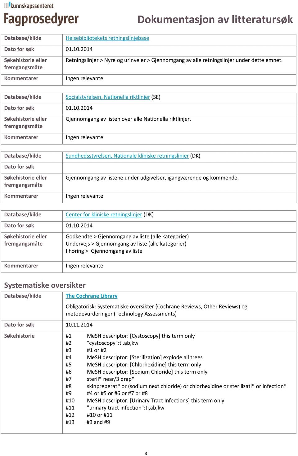 Ingen relevante Dato for søk Sundhedsstyrelsen, Nationale kliniske retningslinjer (DK) Gjennomgang av listene under udgivelser, igangværende og kommende. Ingen relevante Dato for søk 01.10.