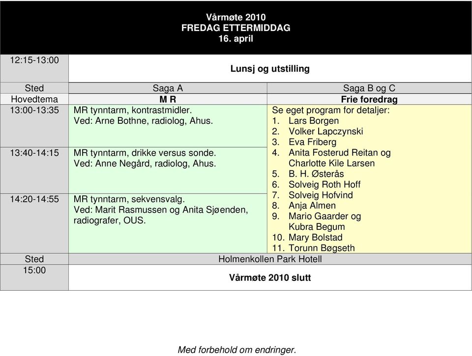 Ved: Marit Rasmussen og Anita Sjøenden, radiografer, OUS. 15:00 Se eget program for detaljer: 1. Lars Borgen 2. Volker Lapczynski 3. Eva Friberg 4.