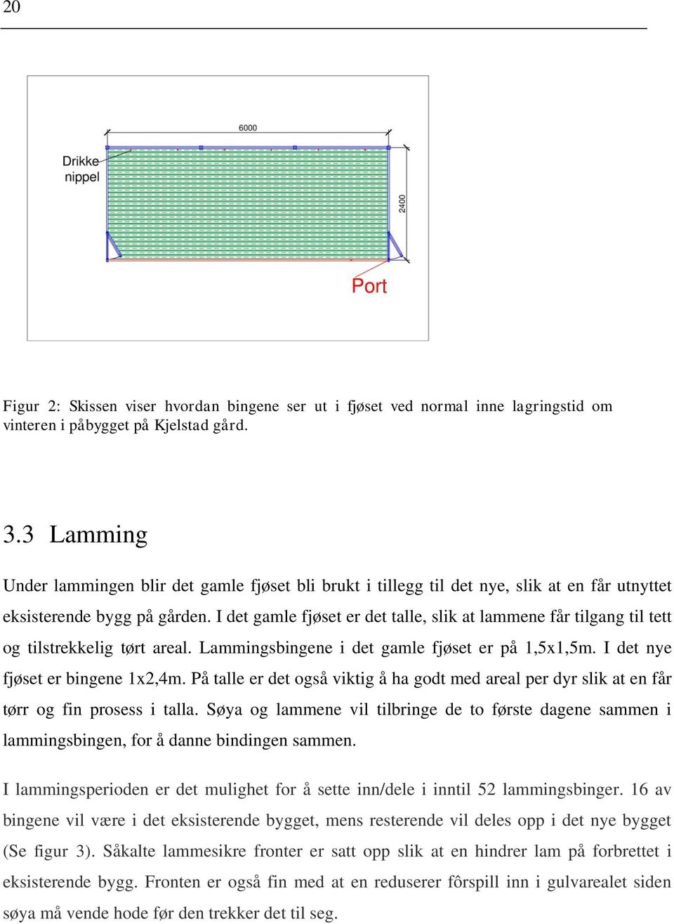 I det gamle fjøset er det talle, slik at lammene får tilgang til tett og tilstrekkelig tørt areal. Lammingsbingene i det gamle fjøset er på 1,5x1,5m. I det nye fjøset er bingene 1x2,4m.